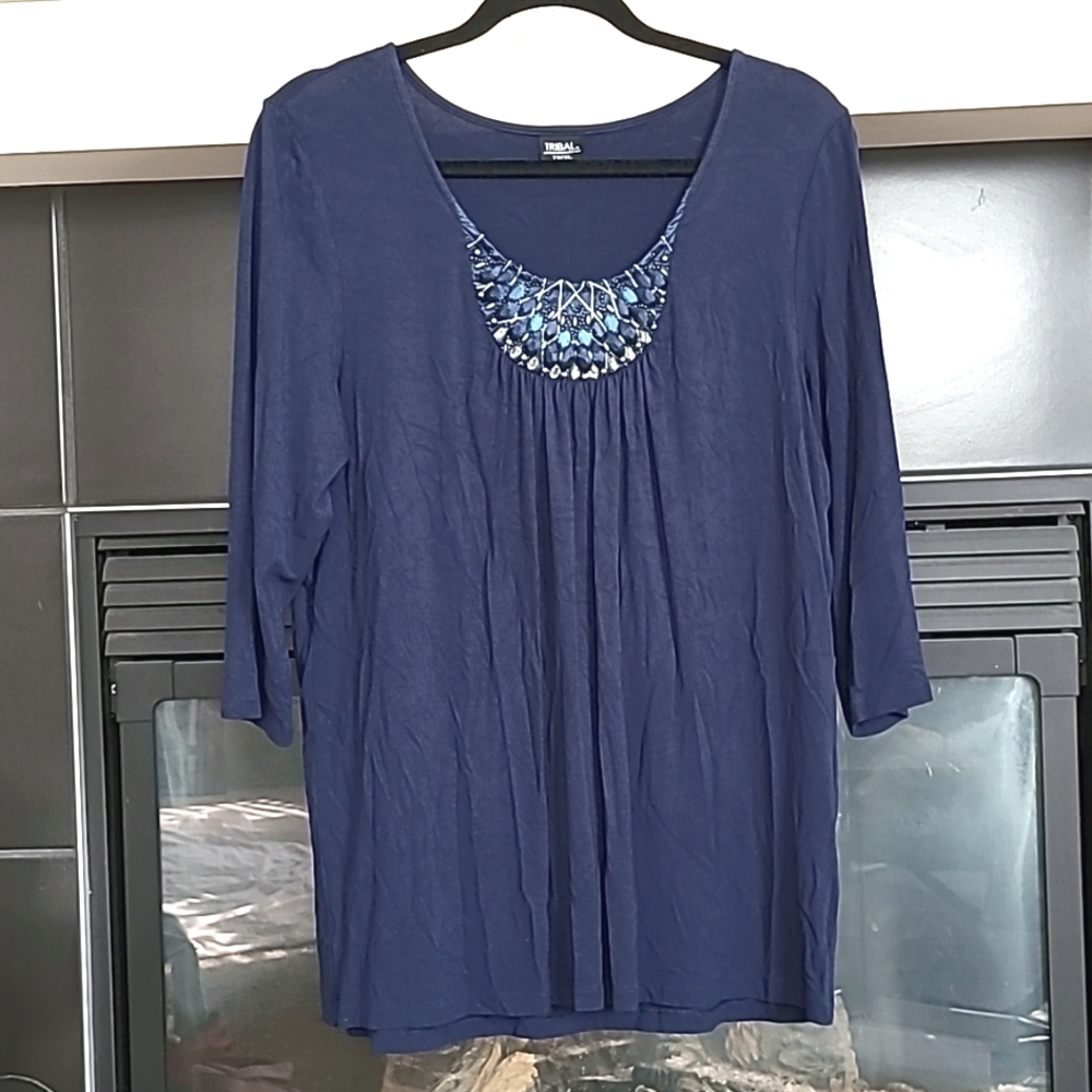 Tribal Deep Blue Blouse, 3/4 Length Sleeves, Bohemian Top, Size XL